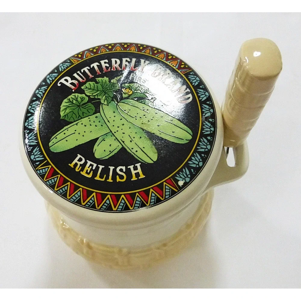 Vtg Shafford porcelain relish jar with Lid & knife 1984 japan country whimsical